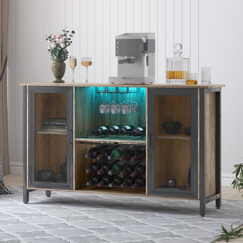 Mixoy LED Wine Bar Cabinet,Home Bar Industrial Sideboard Storage Buffet Cabinet,Farmhouse Coffee Bar Cabinet for Liquor,Glasses