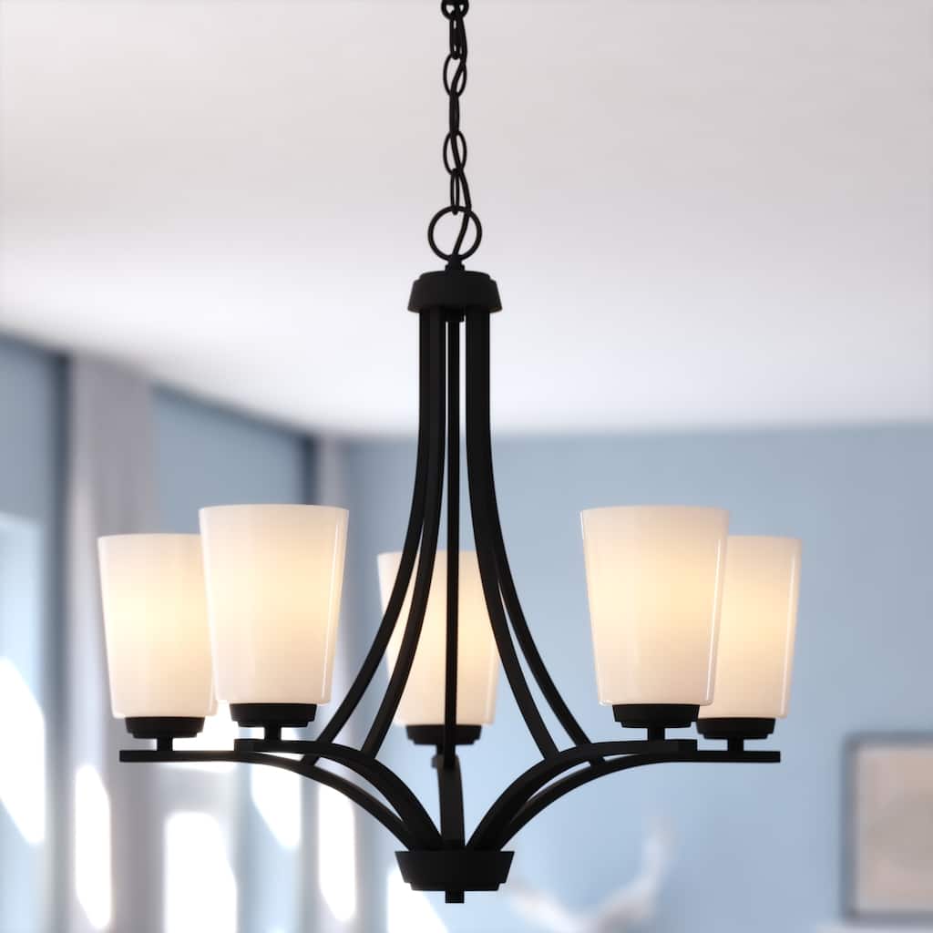 VAXCEL River Grove 5-Light Matte Black Chandelier, Frosted White Glass Shades, Adjustable Height Hanging Ceiling Fixture