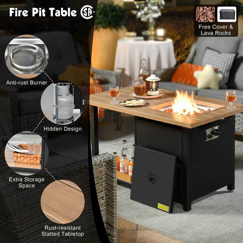 OVIOS 5-piece Patio Wicker Conversation Set With Fire Table