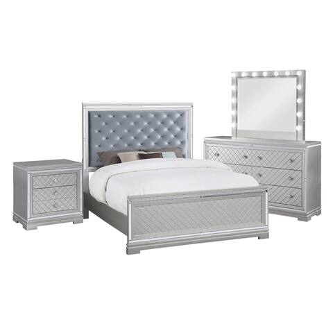 Upholstered Eastern King Bedroom Set in Silver and Metallic Mercury