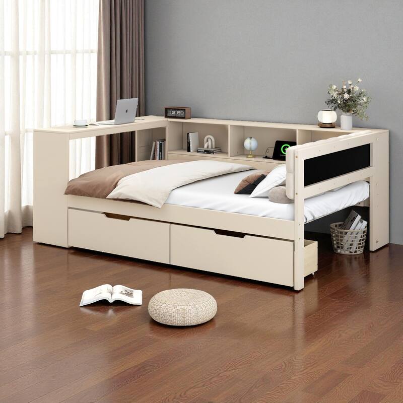 Wood Twin/Full Platform Bed with Upholstered Headboard, Storage Shelves, Drawers and Charging Station, No Box Spring Needed