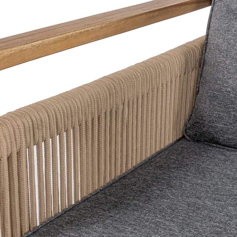 Saranac 3-Seat Mid-Century Modern Roped Acacia Wood Outdoor Sofa with Cushions, by JONATHAN Y