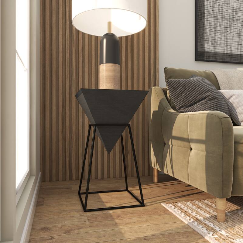 Minimalist Wood Inverted Pyramid Geometric Accent Table with Metal Stand - White or Black