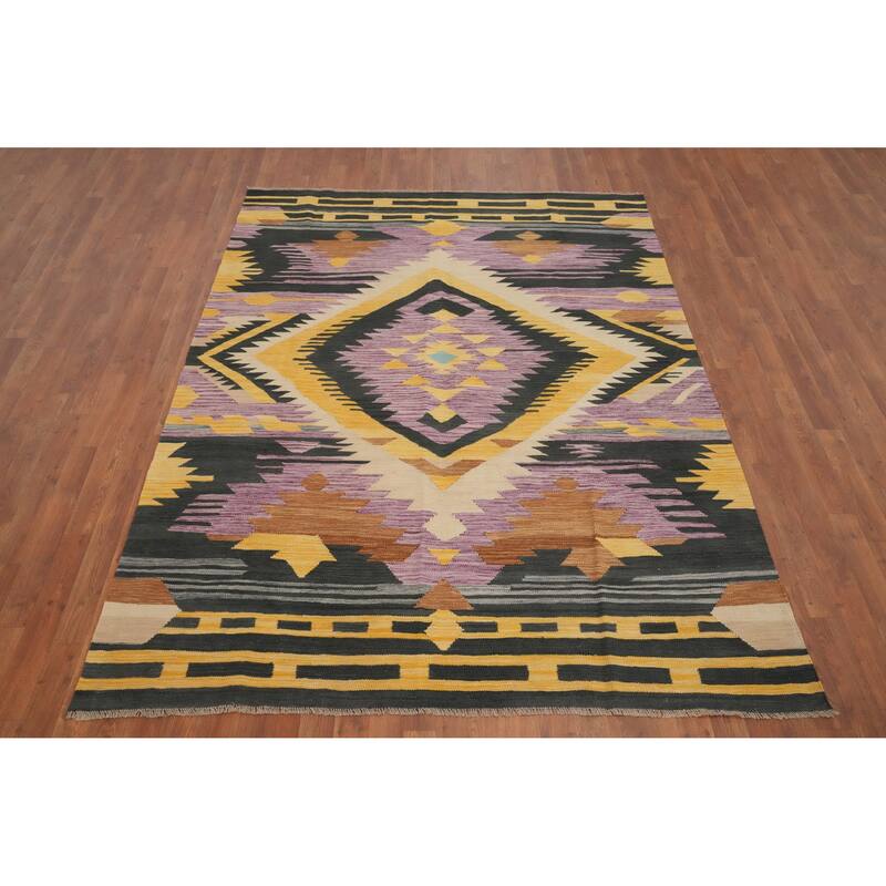 Hand Woven Oriental 100% Wool Carpet Southwestern Tribal Purples Kilim Area Rug - 8' 1'' X 6' 0''