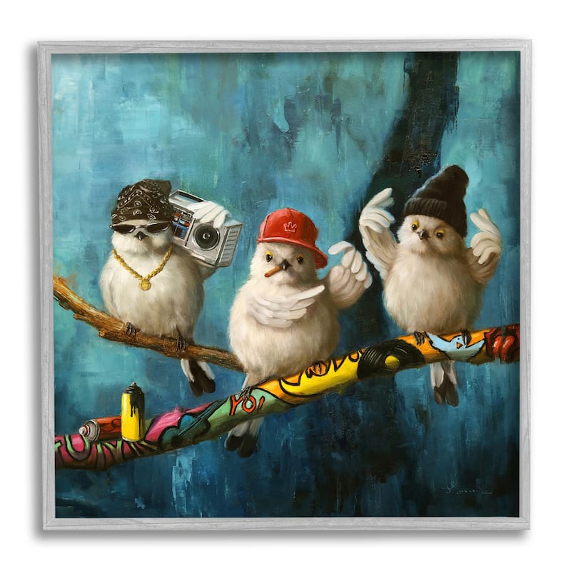 Stupell Hip Hop Bird Trio Urban Graffiti Tree Boombox Framed Wall Art, Design by Lucia Heffernan - Blue - 24 x 24 - Grey