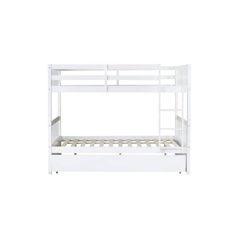 Full Over Full Rubber Wood Bunk Bed w/ Trundle, Ladder & Guardrails, Convertible to 2 Full Size Beds, White