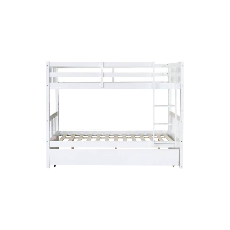 Rubber Wood Full Bunk Bed with Trundle Bed, Convertible Into 2 Separate Beds Frame, Twin over Twin Detachable Bunk Bed Frame