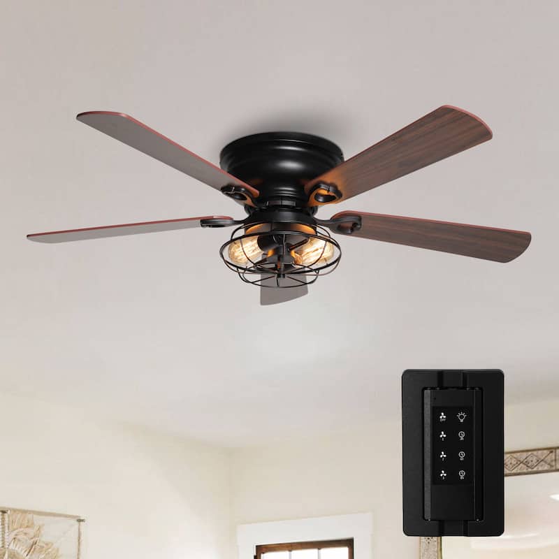 Industrial 48-in Wood 5-Blade Flush Mount Black Low Profile Ceiling Fan with Remote and Light Kit