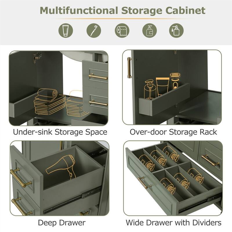 Traditional 30" Bathroom Vanity with Ceramic Sink, Freestanding Bathroom Vanity Cabinet with 3 Drawers and 1 Soft Close Door