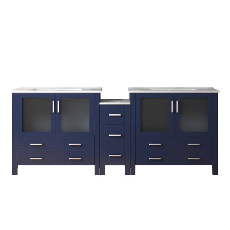 Volez Double Bath Vanity with Side Cabinet and White Ceramic Top - 84 - Navy Blue