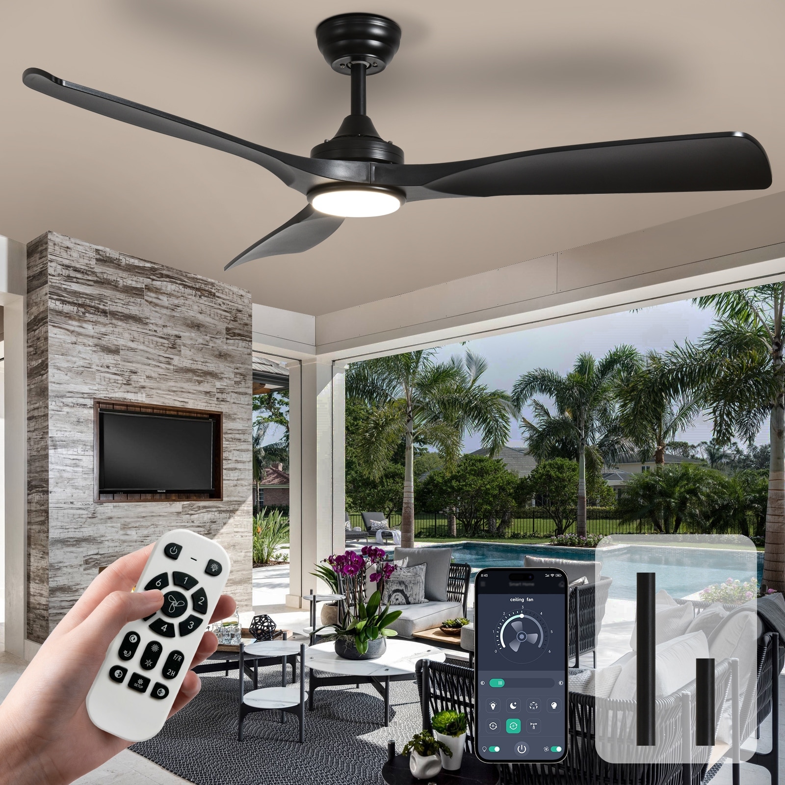 52 in. Indoor/Outdoor Dimmable Ceiling Fan With Light for Patios, Modern Noiseless Ceiling Fan with Remote APP Control
