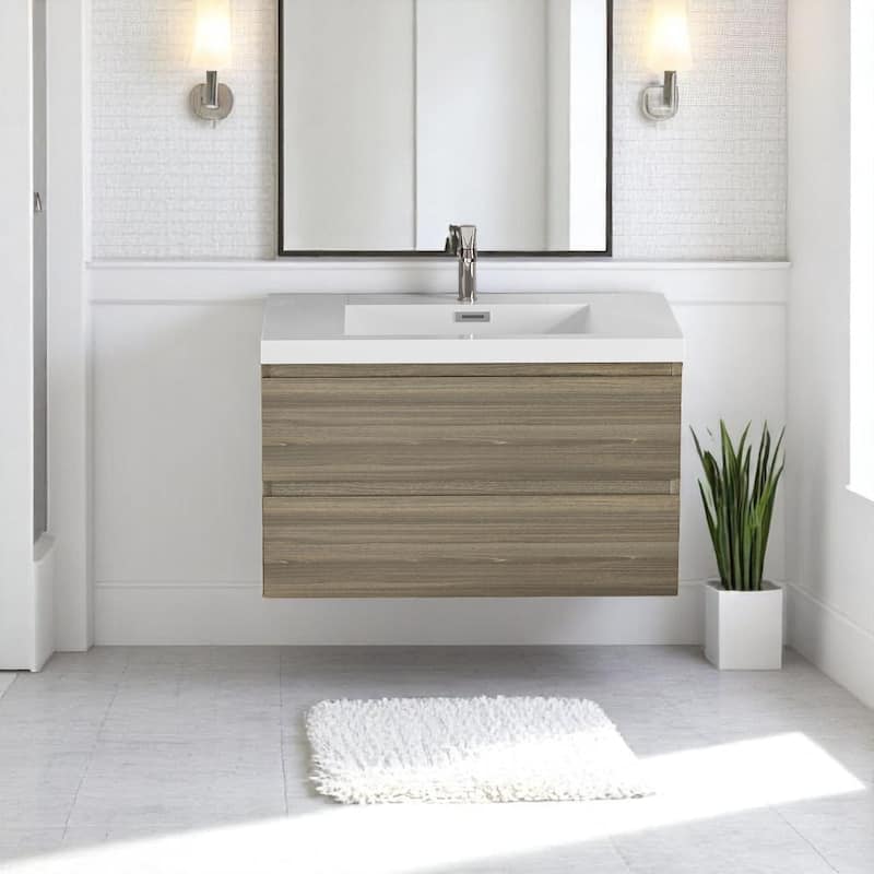 36 Inch Wall Mounted Bathroom Vanity with Resin Top Sink, Floating Storage Cabinet, Soft-Close Drawers - Grey