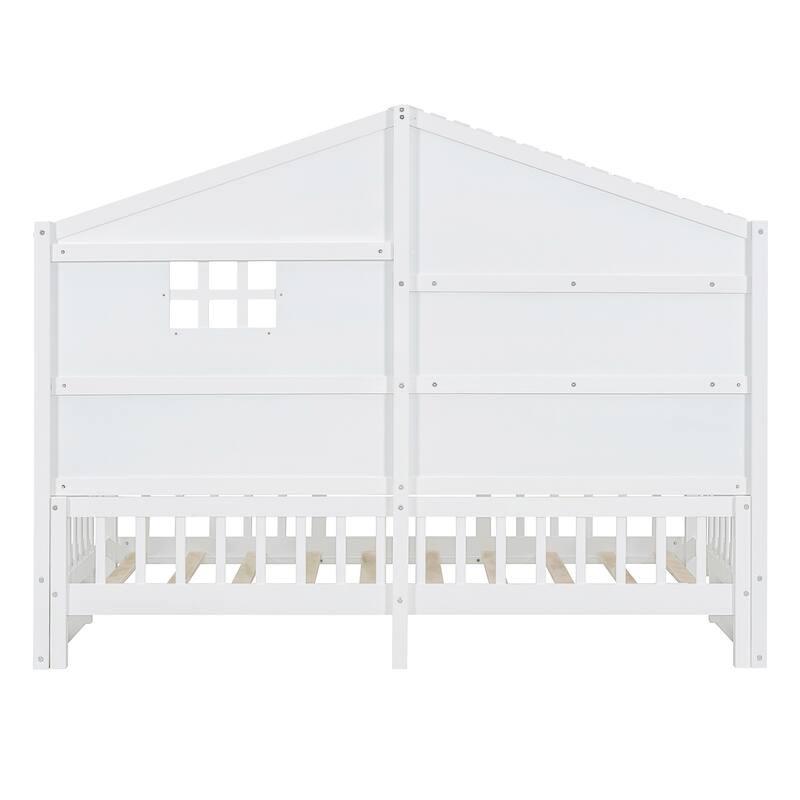 Twin House Bed with Window, Roof Light Strip, and Storage Shelves, Pine Wood Construction
