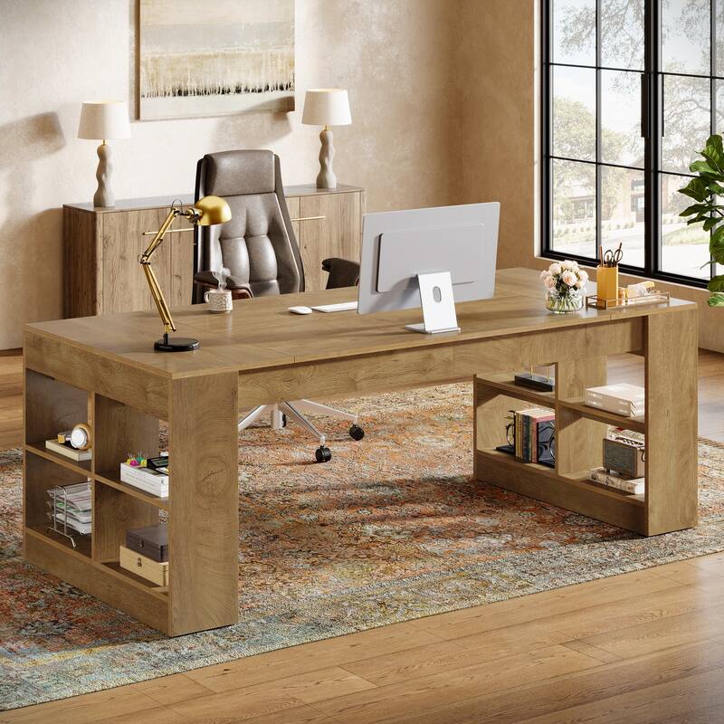 70.87-Inch Executive Desk with Storage Shelves, Wooden Large Office Computer Desk for Home Office