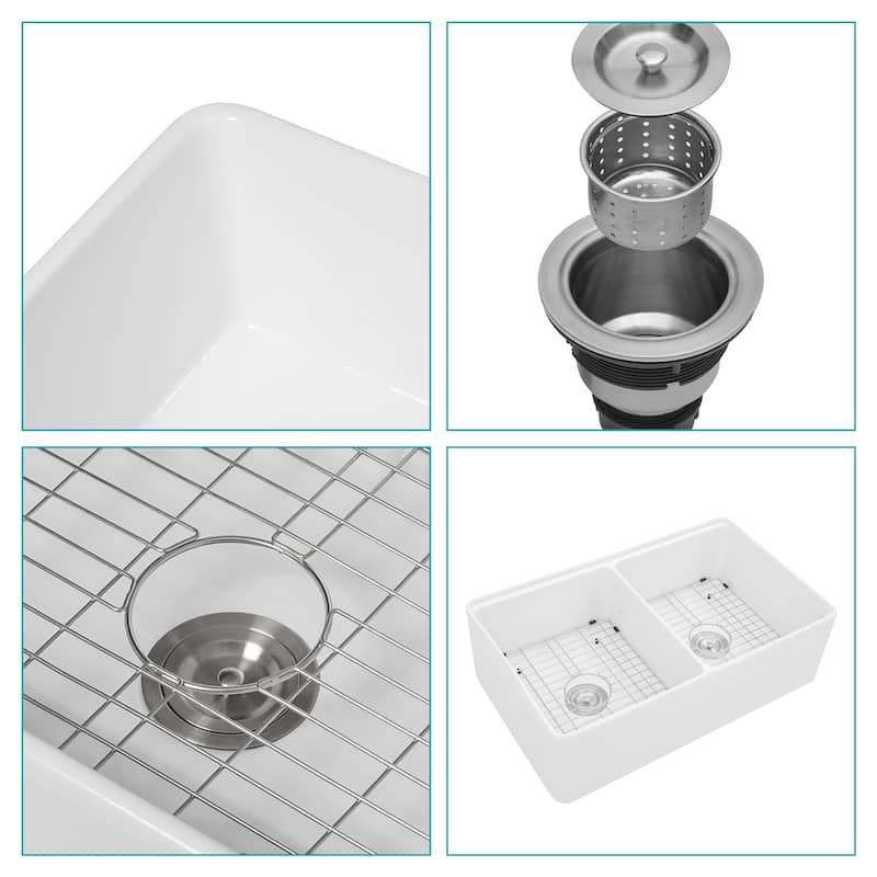 33'' White Farmhouse Double Bowl Ceramic Kitchen Sink - 33'' x 20'' x 10''