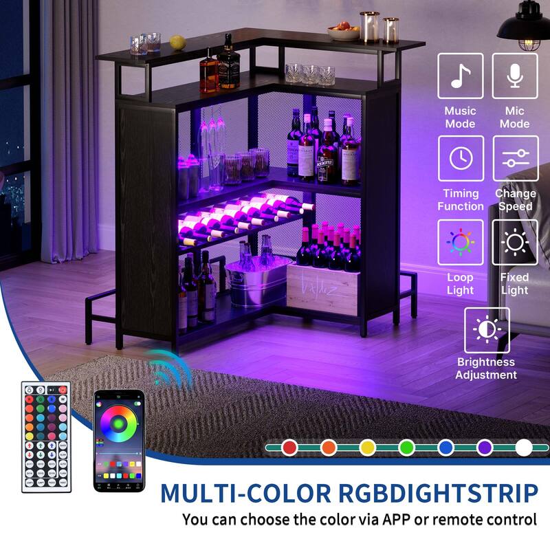 Moasis Home Bar Unit L-shape Liquor Bar Table with 2-Tier Storage and Shelves