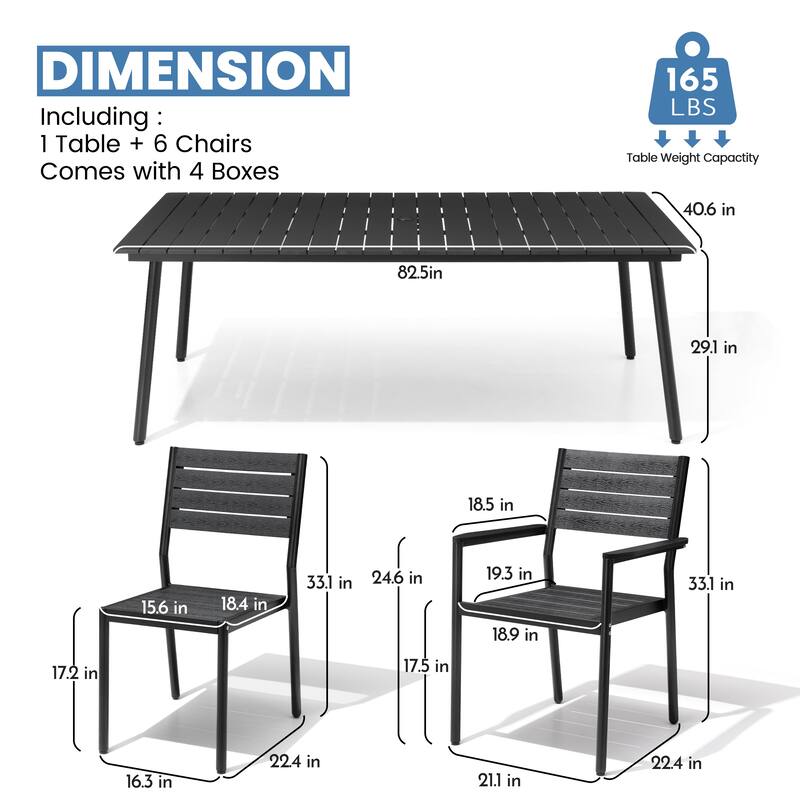 7-Piece Outdoor Patio Dining Set Wood-Like Table Top Alumium Umbrella Hole Table with Stackable Dining Chairs