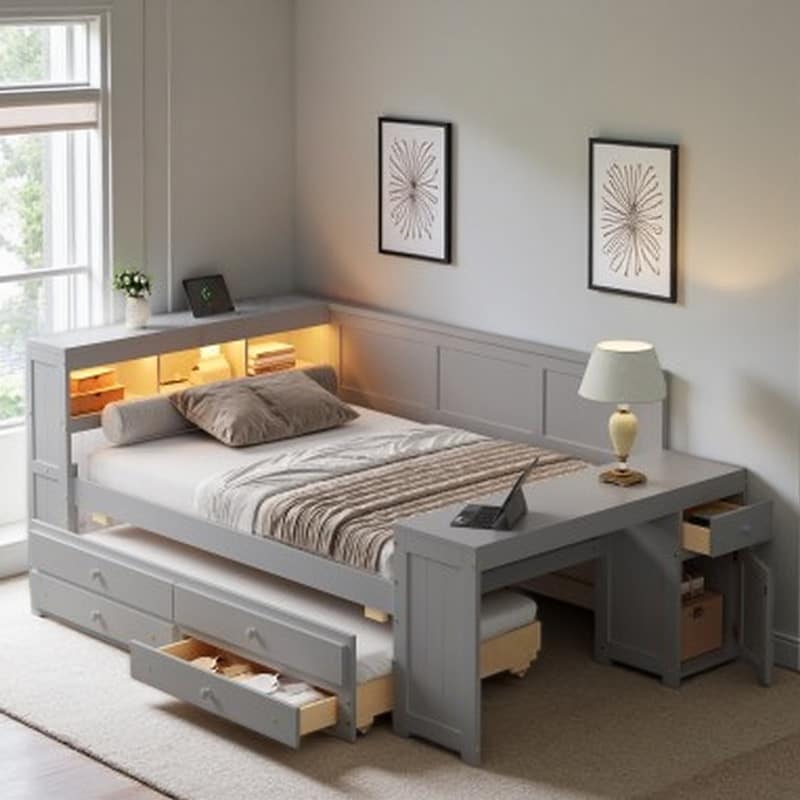 Full Size Daybed with Trundle, Storage Drawers, Shelves, Built-In Desk, LED Lighting & Charging Station