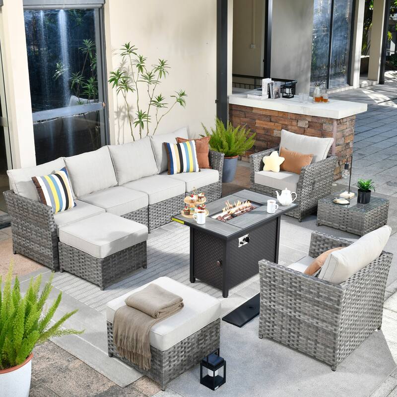 XIZZI 10-piece Patio Furniture Outdoor Sectional Sofa Set with Fire Pit - Beige