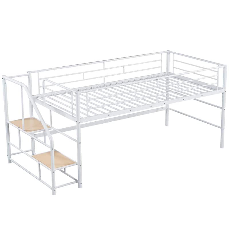 Twin Size MDF Metal Mid Loft Bed with Storage stairs and Fence for Kids, Boys and Girls, Bedroom