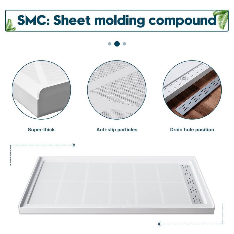Elegant Rectangular SMC Shower Base 60" L x 32" W x 4" H Right Drain in White with Cover Single Threshold Anti-slip Shower Pan