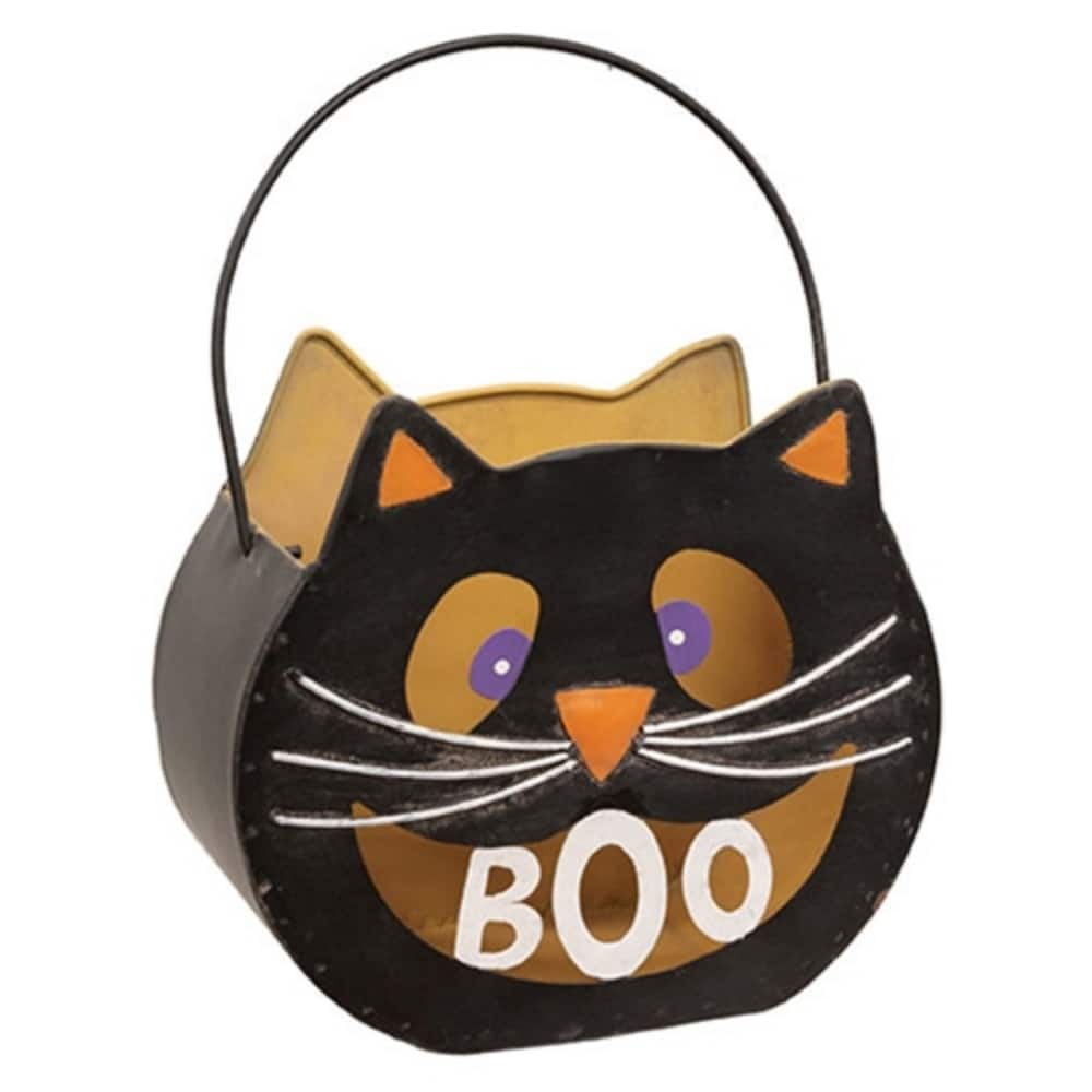 Black Orange Metal Boo Cat Luminary Bucket with Swing Handle - 8 x 4 x 7.25 in.