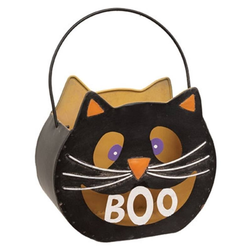 Black Orange Metal Boo Cat Luminary Bucket with Swing Handle - 8 x 4 x 7.25 in. - Black-Orange
