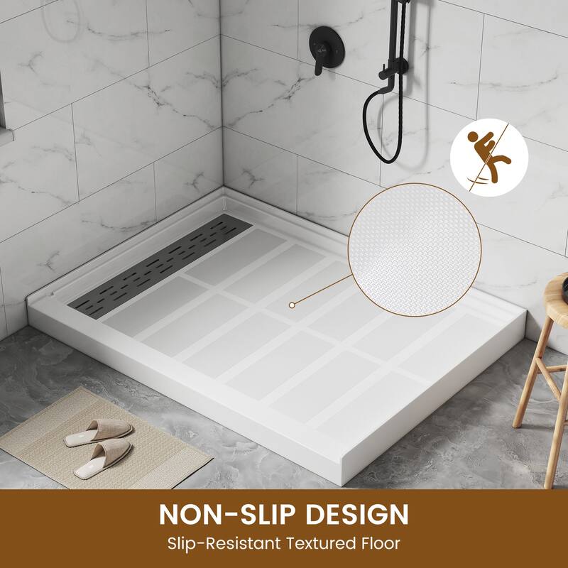 60 in. x 36 in. Elegant White Single Threshold Anti-slip SMC Rectangular Shower Base with Drain and Stainless Steel Drain Cover