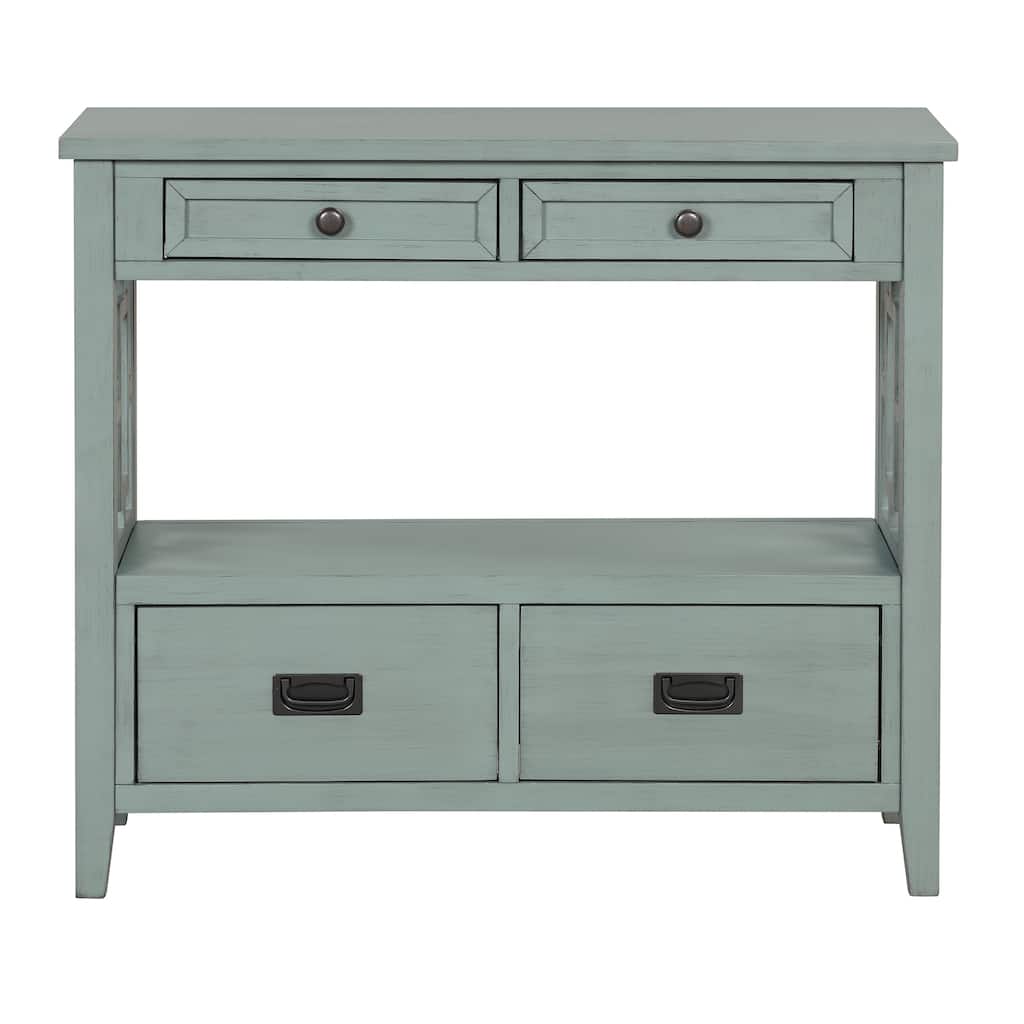 36 Inch Farmhouse Console Table, Farmhouse Entry Table with 4 Drawers, Solid Wood Sofa Table with Shelves