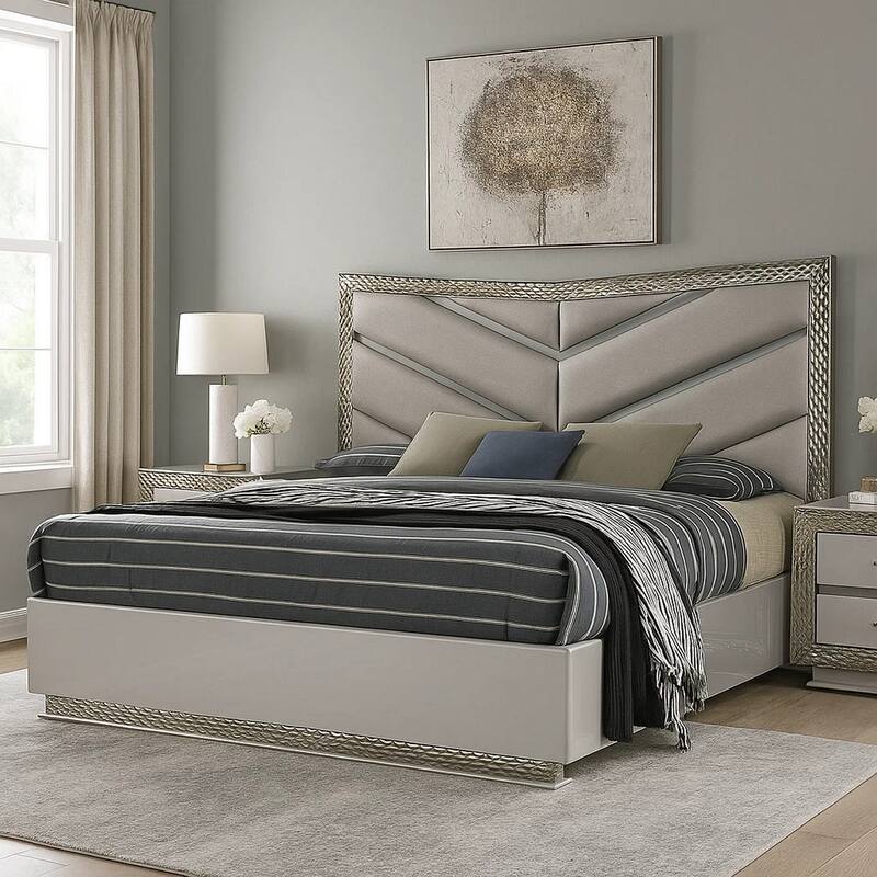 Vino King Bed, Gray Chevron Satin Fabric Upholstered, Solid Wood