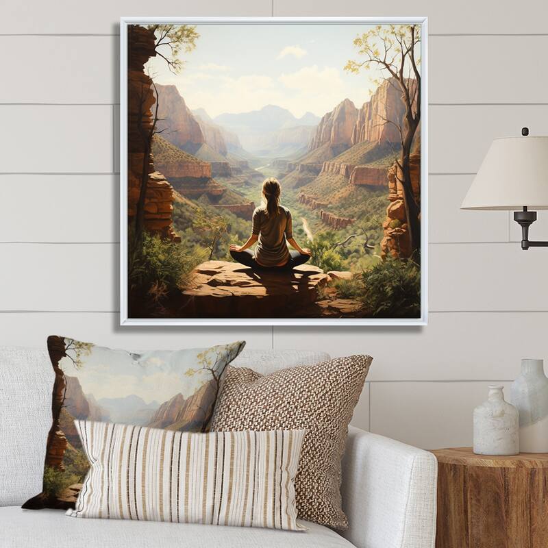 Designart "Yoga In Nature" Yoga Framed Canvas Print - White - 16 in. wide x 16 in. high