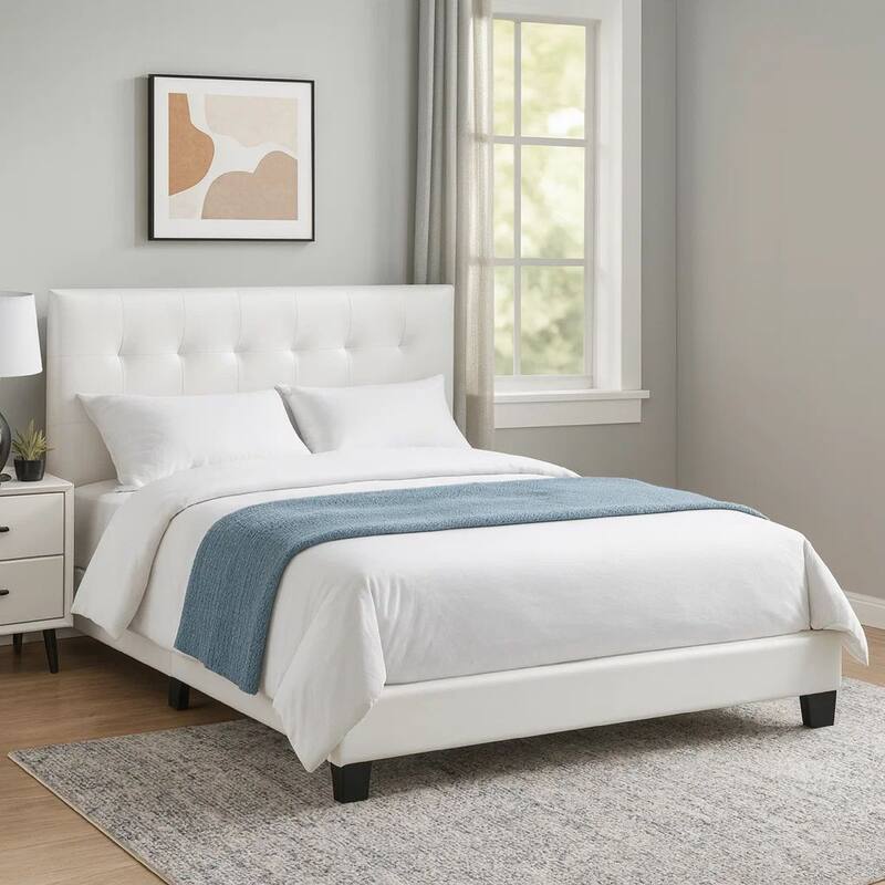 Full Leatherette Bed with Checkered Tufted Headboard, White