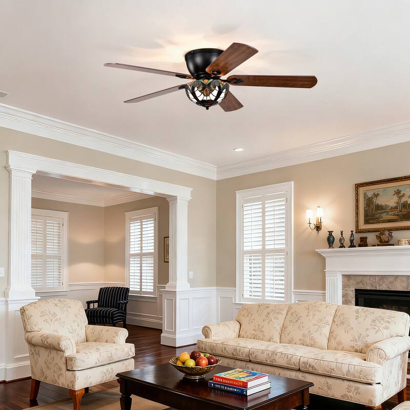 Apgrie 52-Inch Flushmount Lighted Ceiling Fan Warm Tones Tiffany Glass Lamp Black Finish
