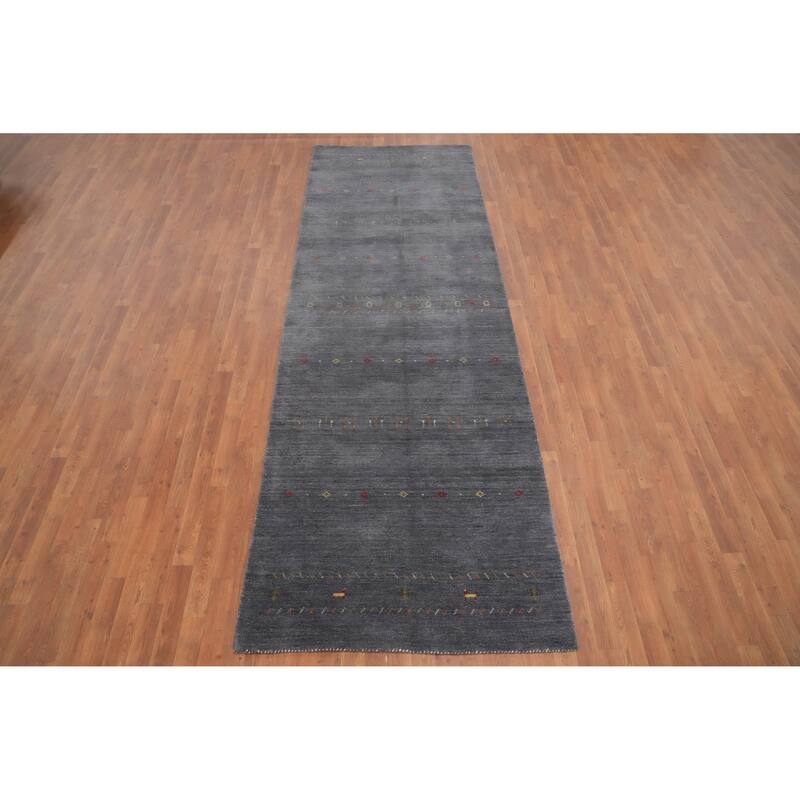 Hand Knotted Oriental 100% Wool Carpet Tribal Animal Pictorial Greys & Charcoal Gabbeh Runner Rug - 11' 9'' X 3' 11''