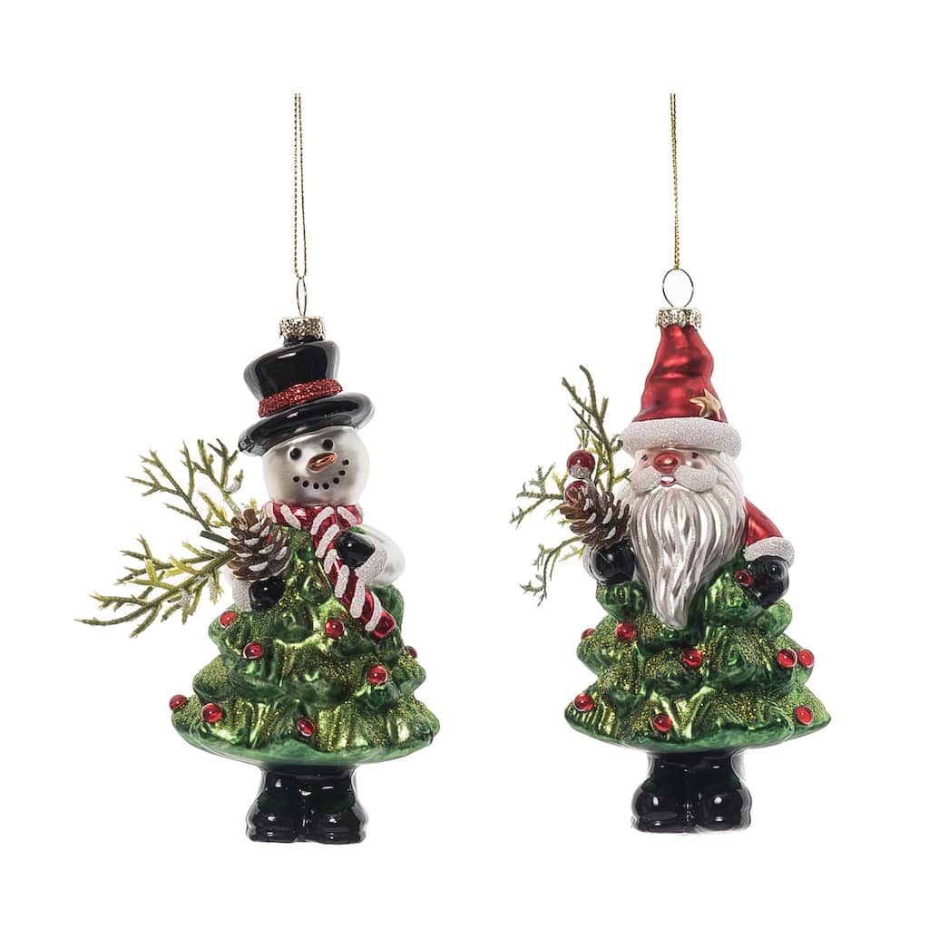 Transpac Christmas Glass Santa/Snowman Tree Ornament Set of 2 Christmas Home Decorations