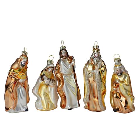 Set of 5 Gold Religious Nativity Glass Christmas Ornaments 5"