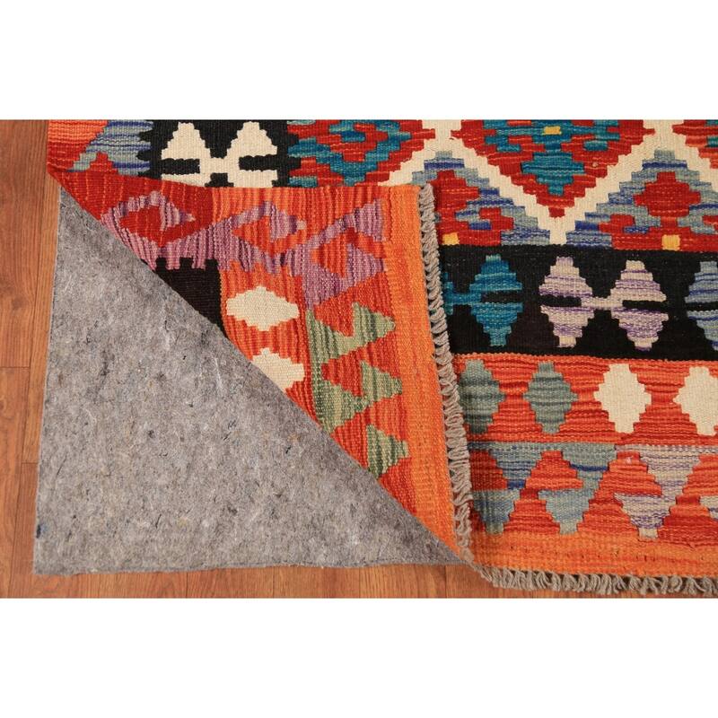 All-Over Trellis Geometric Kilim Area Rug Hand-Woven Wool Carpet - 8'4" x 9'8"