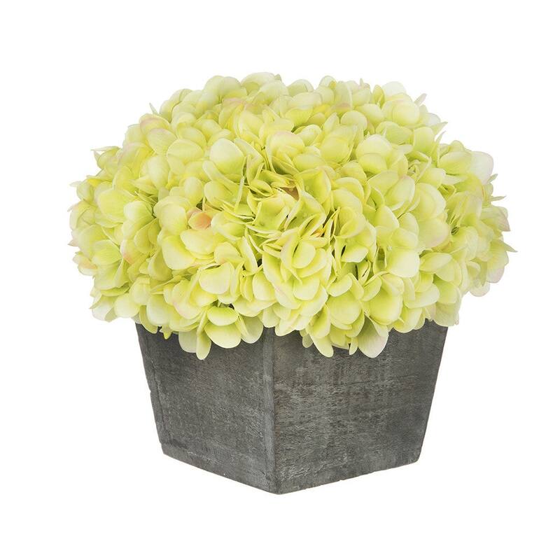 Faux Hydrangea in Grey Washed Wood Cube Planter - Green