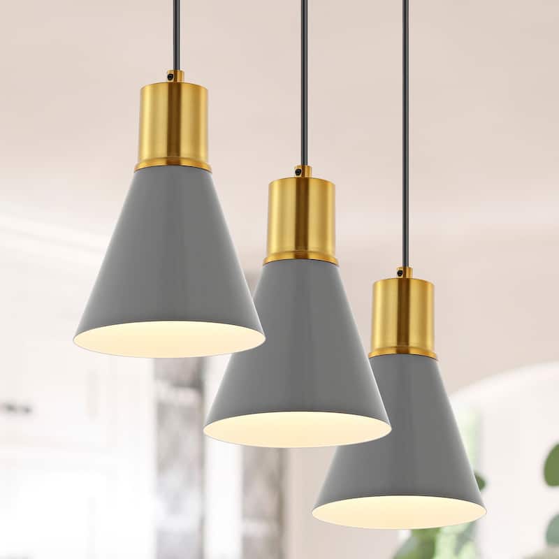 Watts Mid-Century Modern Iron LED Pendant, by JONATHAN Y - 3-Light - Grey/Brass Gold