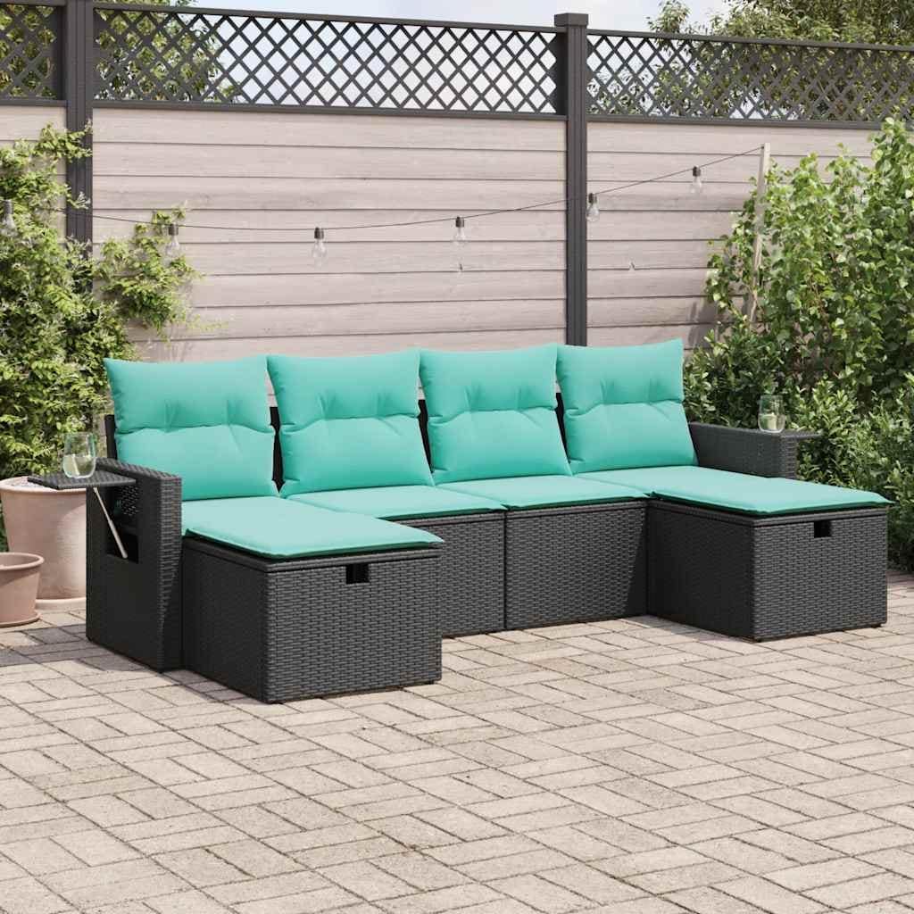 vidaXL 6 Piece Patio Sofa Set with Cushions Black Poly Rattan - 21.7" x 24.4" x 27.2"
