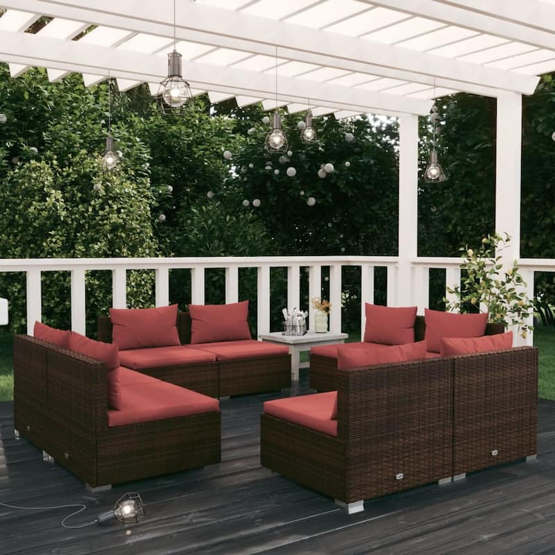 vidaXL Patio Lounge Set Outdoor Sectional Sofa Set Table Garden Poly Rattan - 27.6" x 27.6" x 24" - Brown/Cinnamon red 8 Piece
