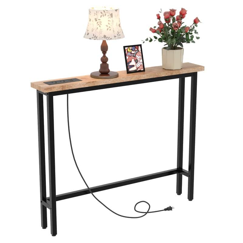 VINGLI 1-Piece Melamine + Iron Hall Table with Power Strip - Oak
