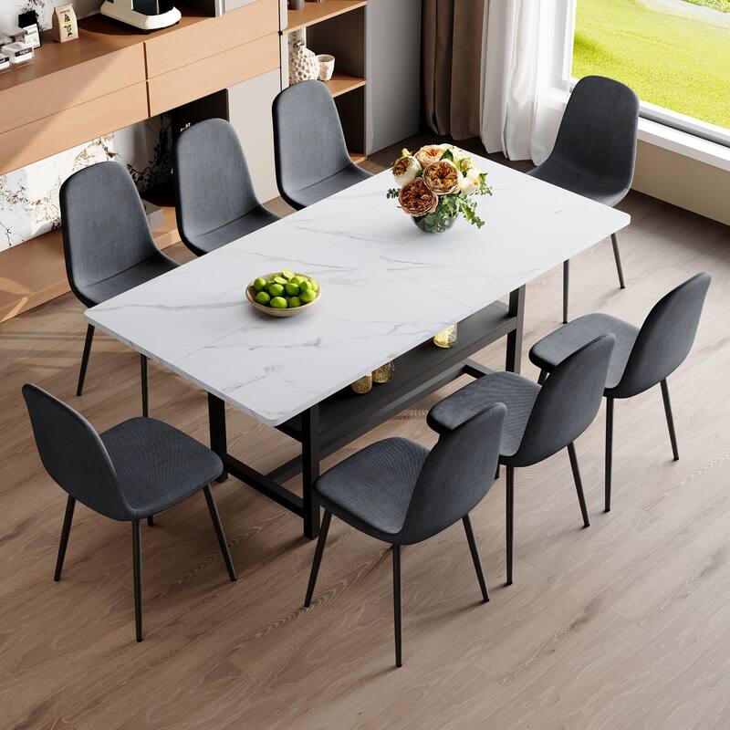 9-Piece Modern Dining Table Set with Storage, 71x35.4 Inch Wood Grain Table & 8 High-Resilience Fabric Chairs