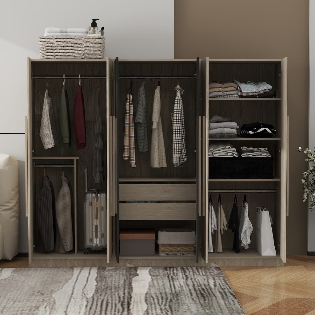 Bedroom Large Wooden Wardrobe Closet, Freestanding Clothes Storage Cabinet, Black+Natural Armoire with Folding and Hanging Areas