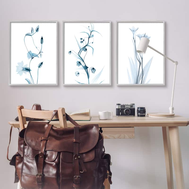 Stupell Aesthetic Minimalist Blue Botanical Floral Design Framed 3 Piece Wall Art - White