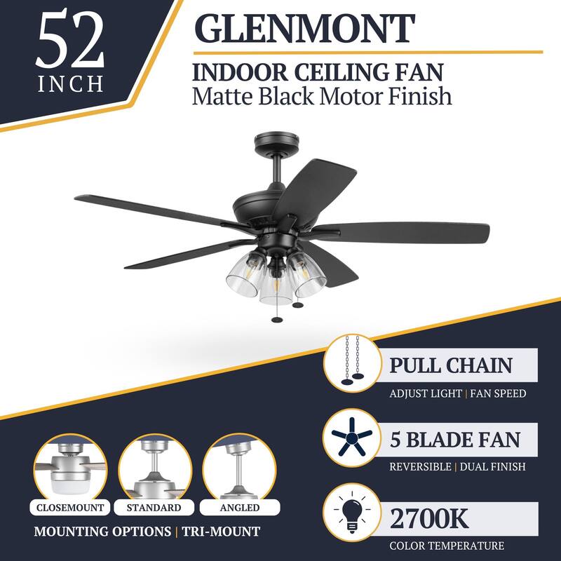 Prominence Home 52" Glenmont Indoor Matte Black Ceiling Fan with Light & Pull Chain - 52 Inches