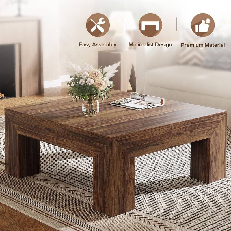 39.4-Inch Square Coffee Table for Living Room, Farmhouse Accent Center Cocktail Table with Sturdy Wooden Legs