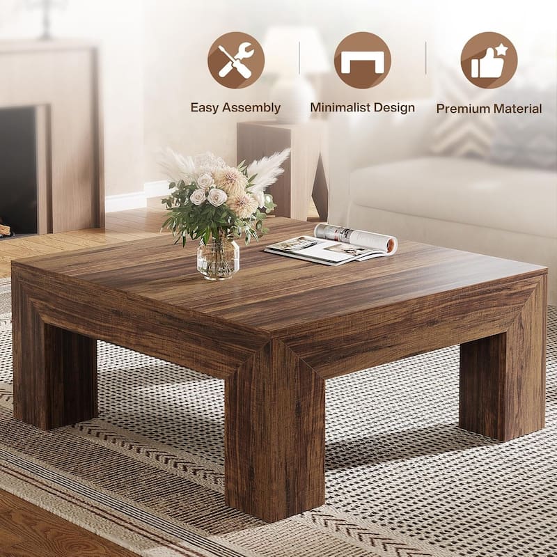 39.4-Inch Square Coffee Table for Living Room, Farmhouse All Wooden Center Table