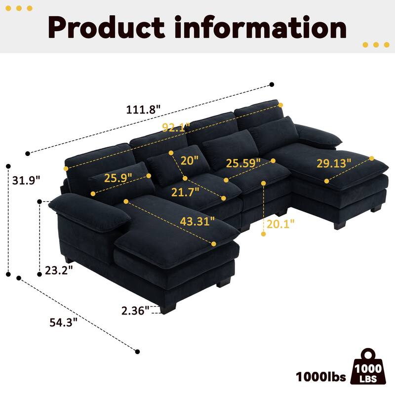 U Shape 111.8"Modern Comfort Combination Sectional Sofa,4-seat Velvet Fabric Upholstered Sofas with Chaise Lounge & Pillows