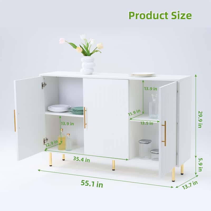 White Metal Handle 3-Door Sideboard with Fluted Design and Storage - 55.12” L x 13.78” W x 35.83” H